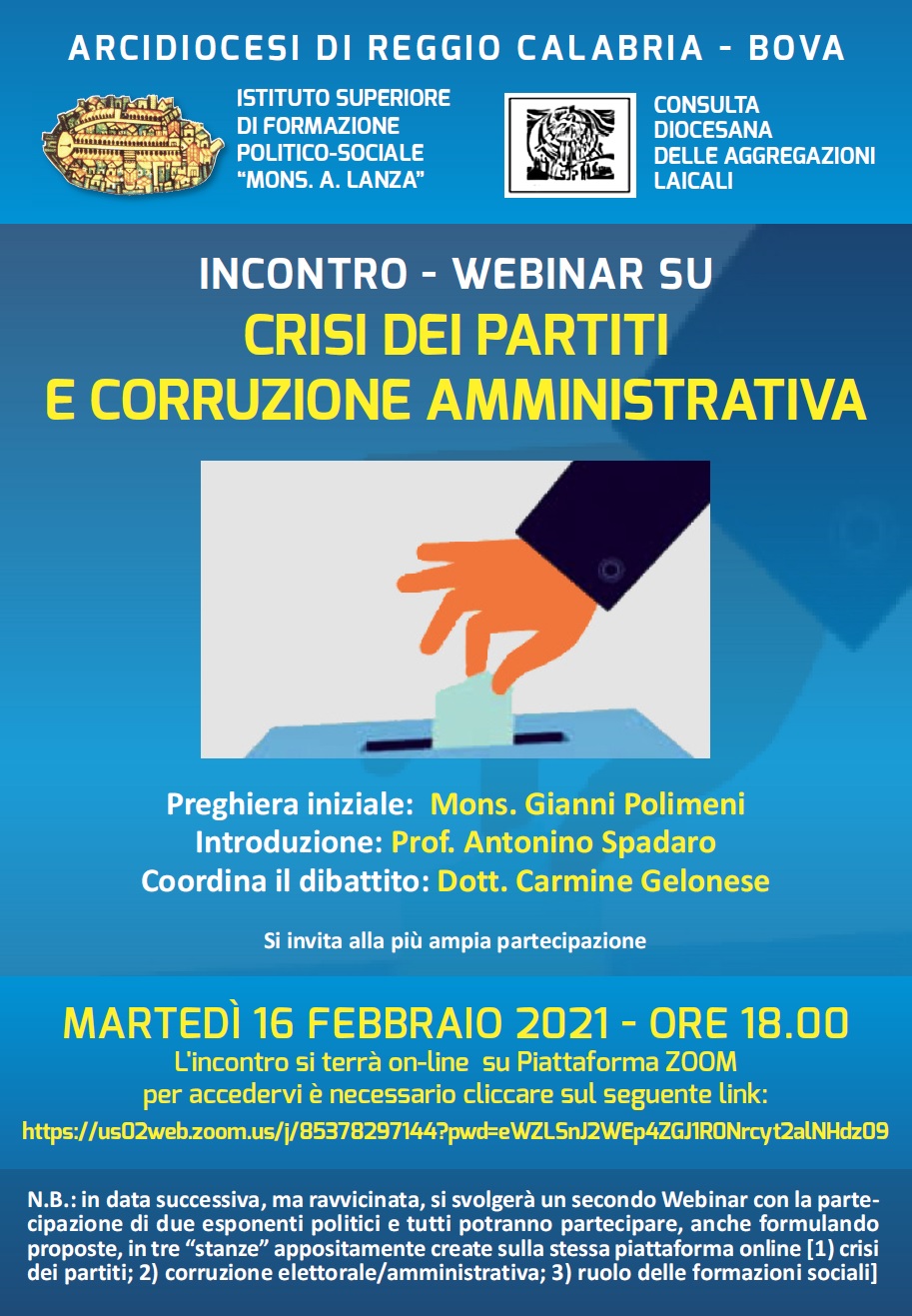 Crisi dei partiti e corruzione amministrativa – Incontro Webinan su ZOOM, Martedì 16 Febbraio Ore 18.00